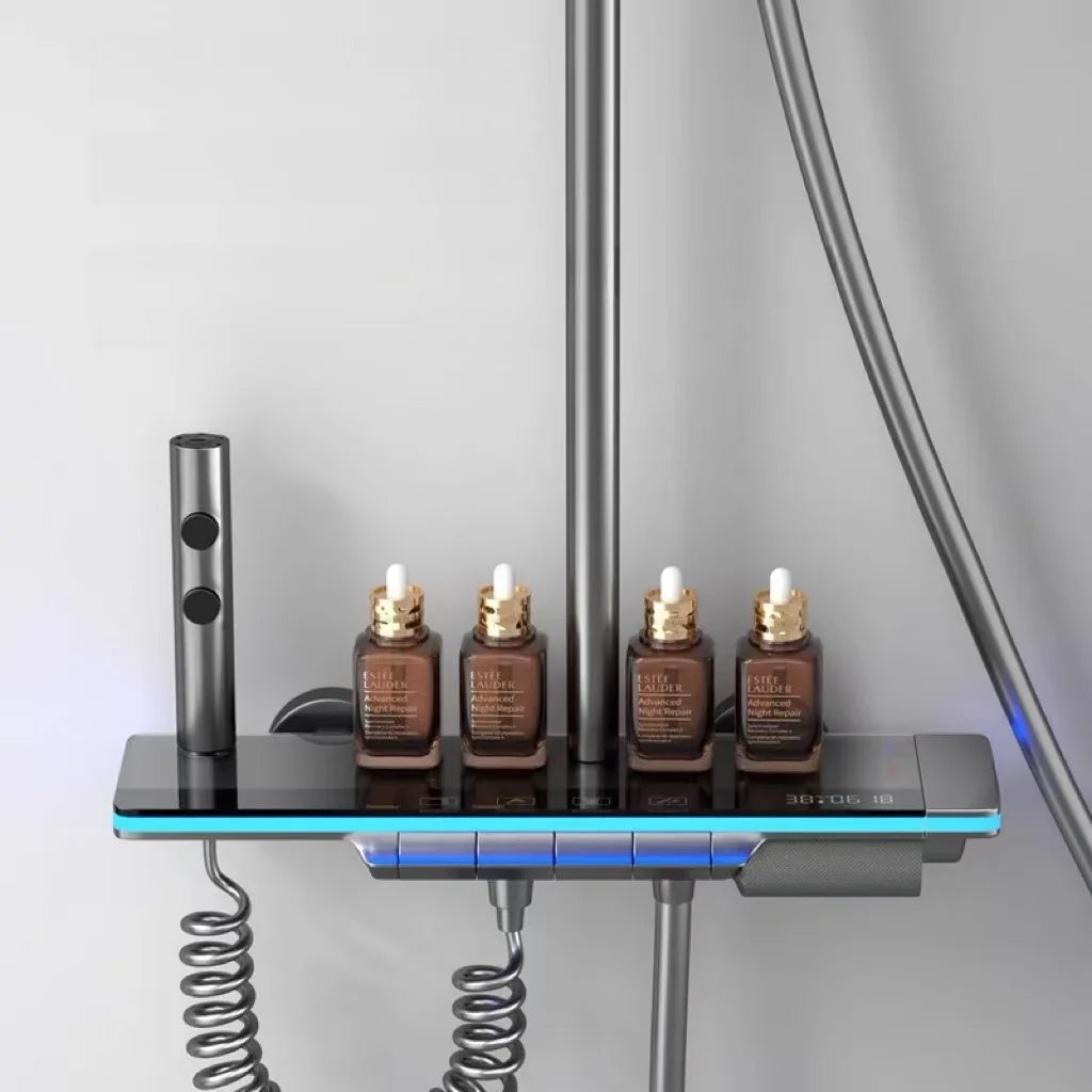 Bathroom Luxury Shower Faucet System with Lights Tempered Glass Shower Set Digital Display Copper Mixer Shower System Faucet