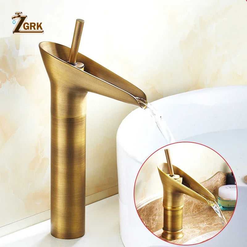Classic Basin Faucet Antique Style Waterfall Bathroom Faucet Hot and Cold Faucet Bronze Single Hole Goblet Type Water Tap