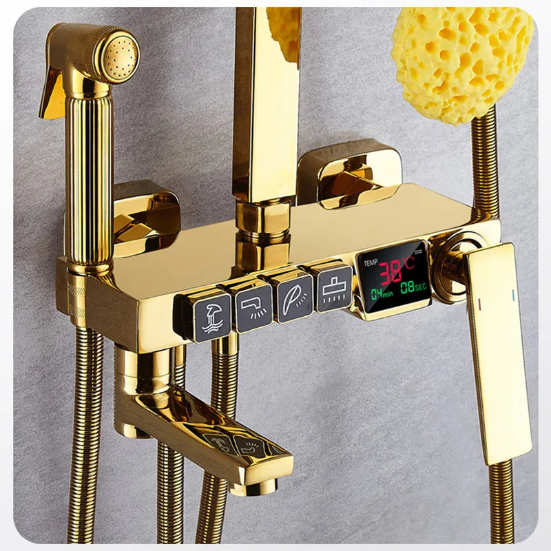 Gold Digital Shower Set Quality Brass Hot Cold Bathroom Shower Faucets Tap Rain Shower Head Golden Thermostatic Shower System