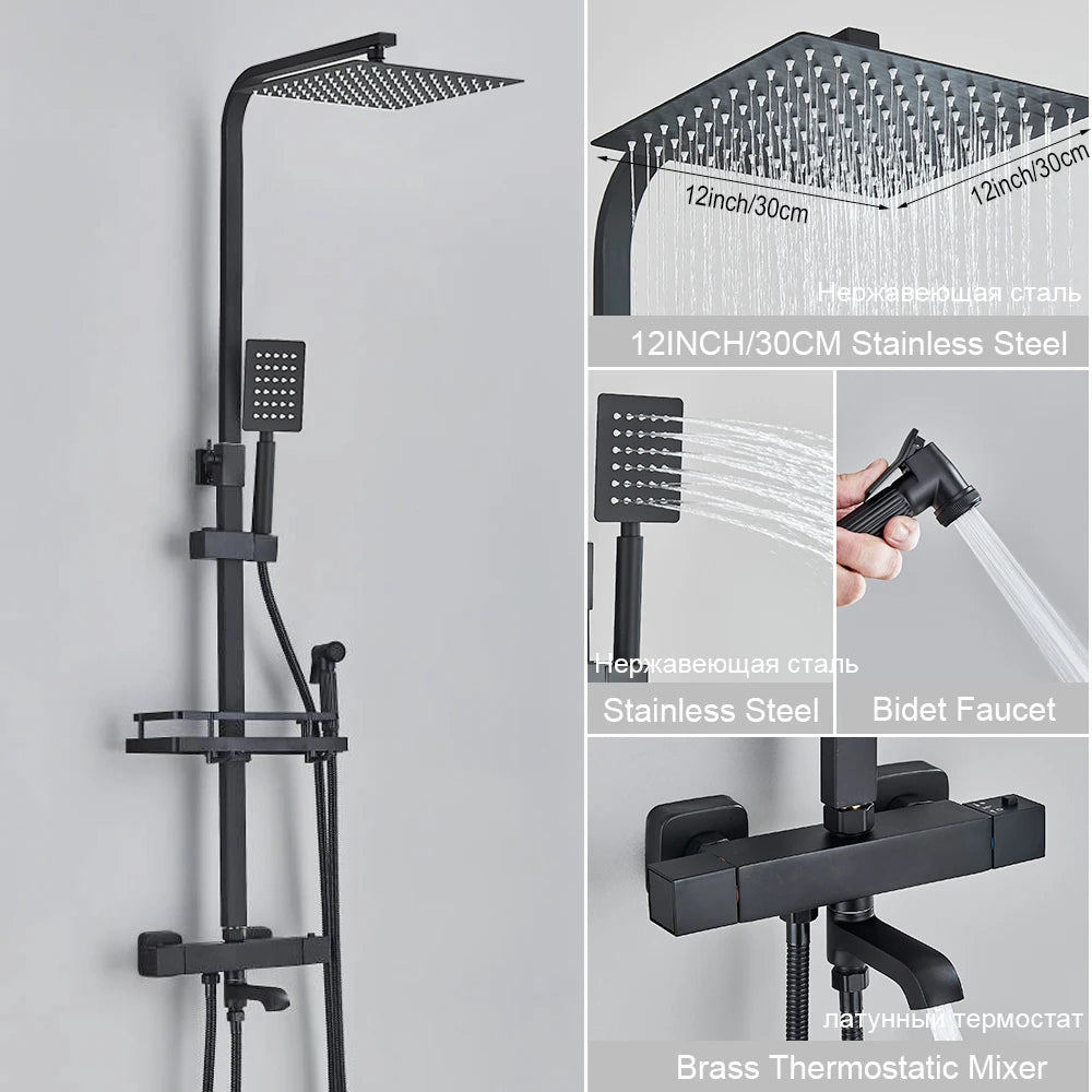 Black Thermostatic Shower Faucet Set 38℃ Rainfall Shower Mixer Crane Multifunctional Bathroom Faucet Bathtub Tap With Shelf