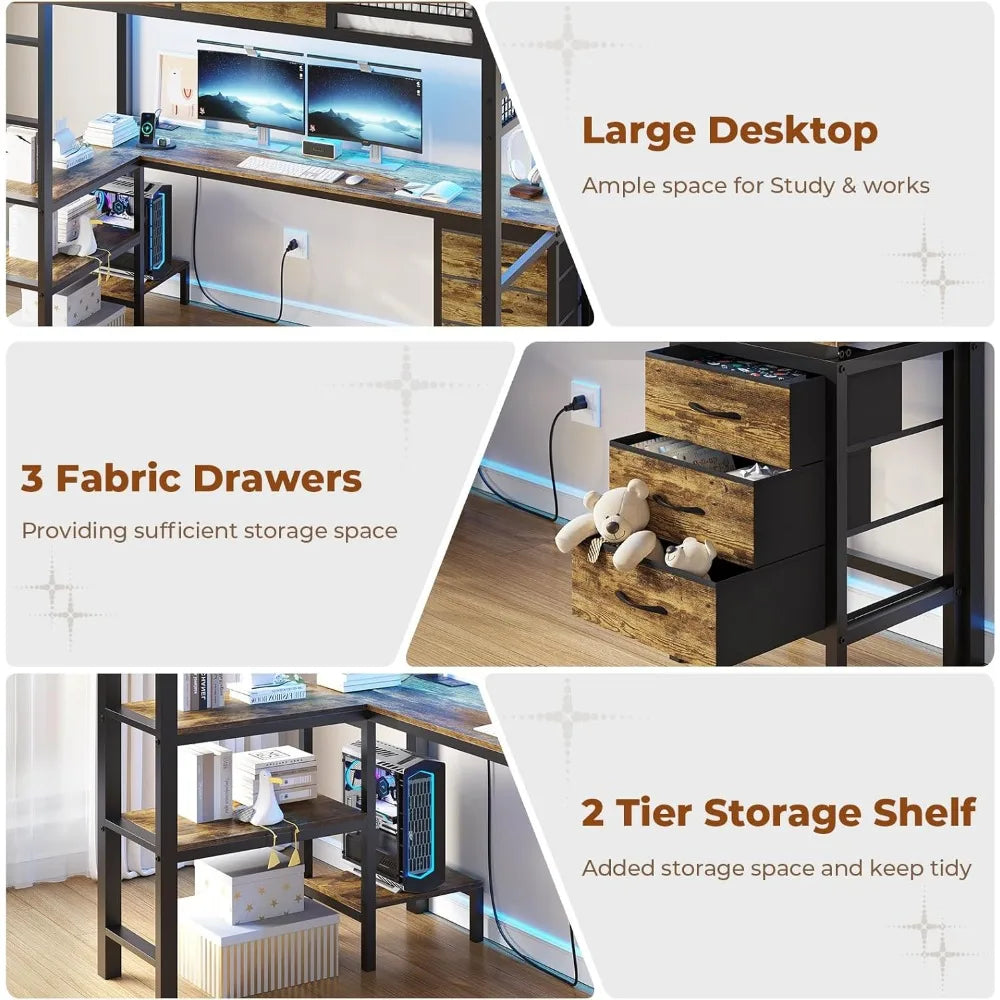 Loft Bed with L-Shaped Desk LED Lights & Charging Station