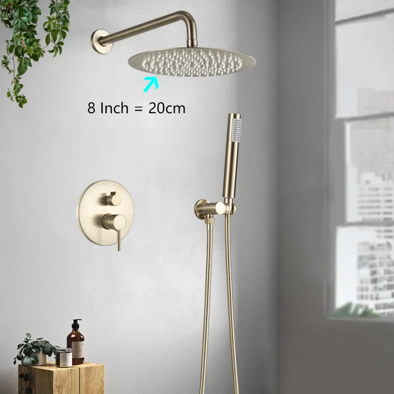 Bathroom Rainfall Shower Tap Brushed Gold Shower Faucet Set Wall Mount Round Shap Bathtub Shower With ABS Shower  Mixer Tap