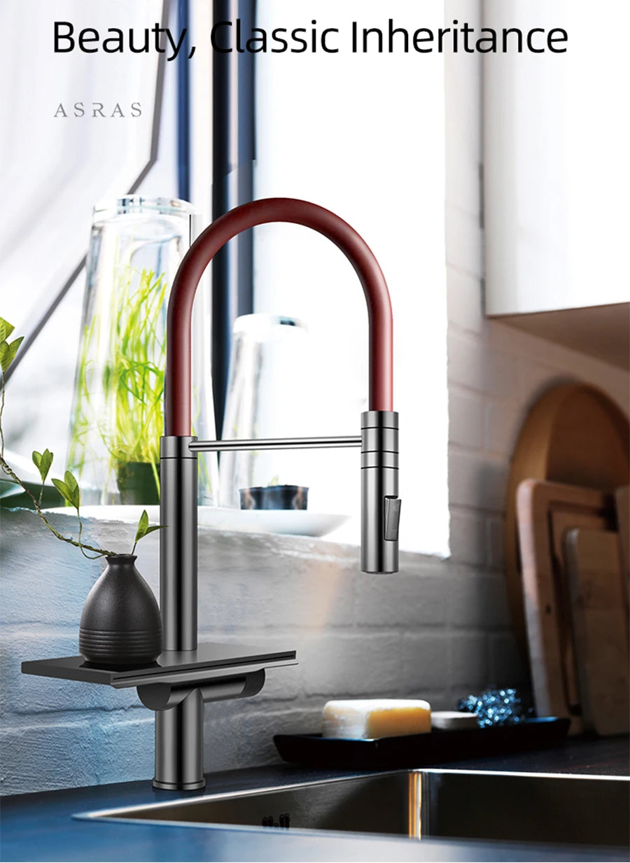 ASRAS Flying Rain Waterfall Faucet Hot And Cold Water Kitchen Faucet Single Handle Switch Pull Out 360 Degree Kitchen Mixer Tap