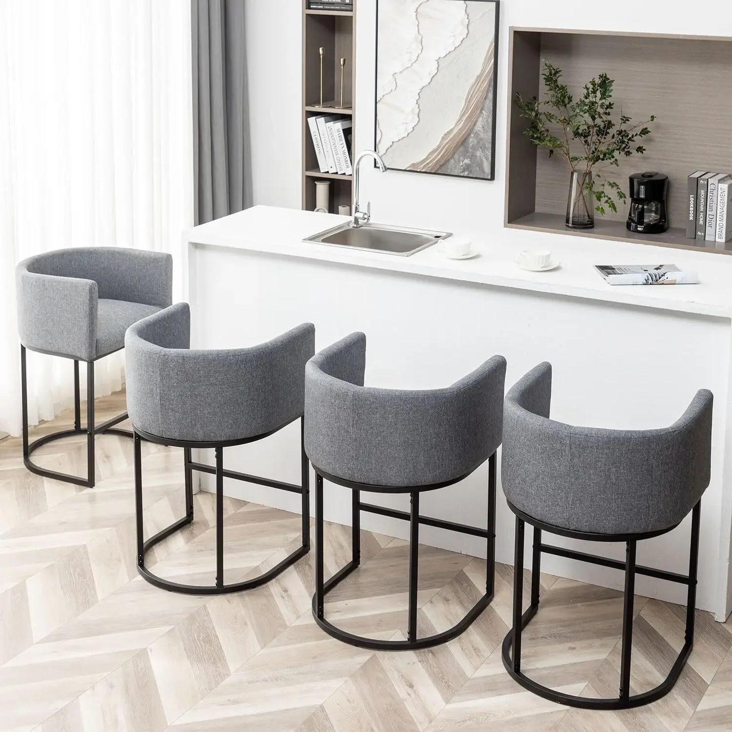 25" Counter Height Bar Stools Set of 4, Modern Bar Stool with Back, Black Metal Frames,Upholstered Bar Stools for Kitchen Island