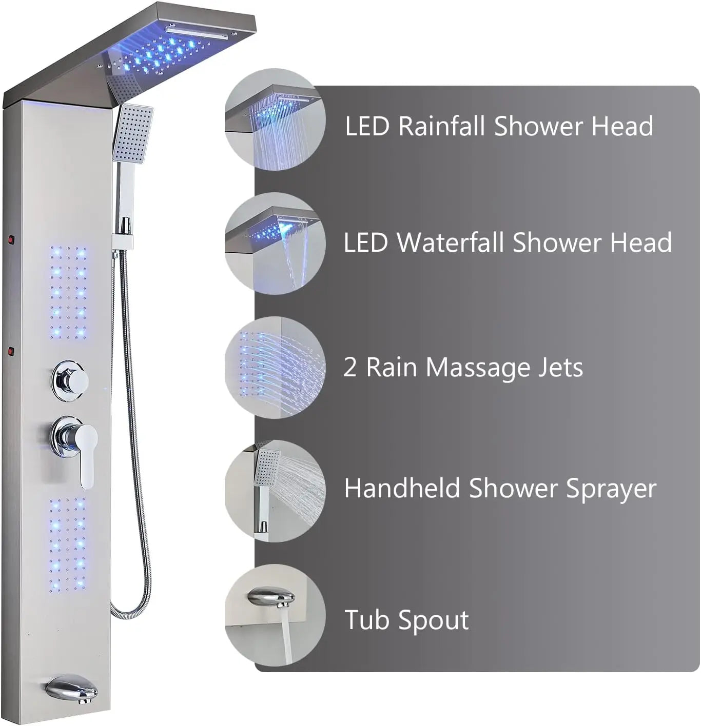 OUIO Brush LED Shower Panel Column Shower Faucet Bathtub Mixer Tap With Massage Body Spa Hand Shower Temperature Screen Set