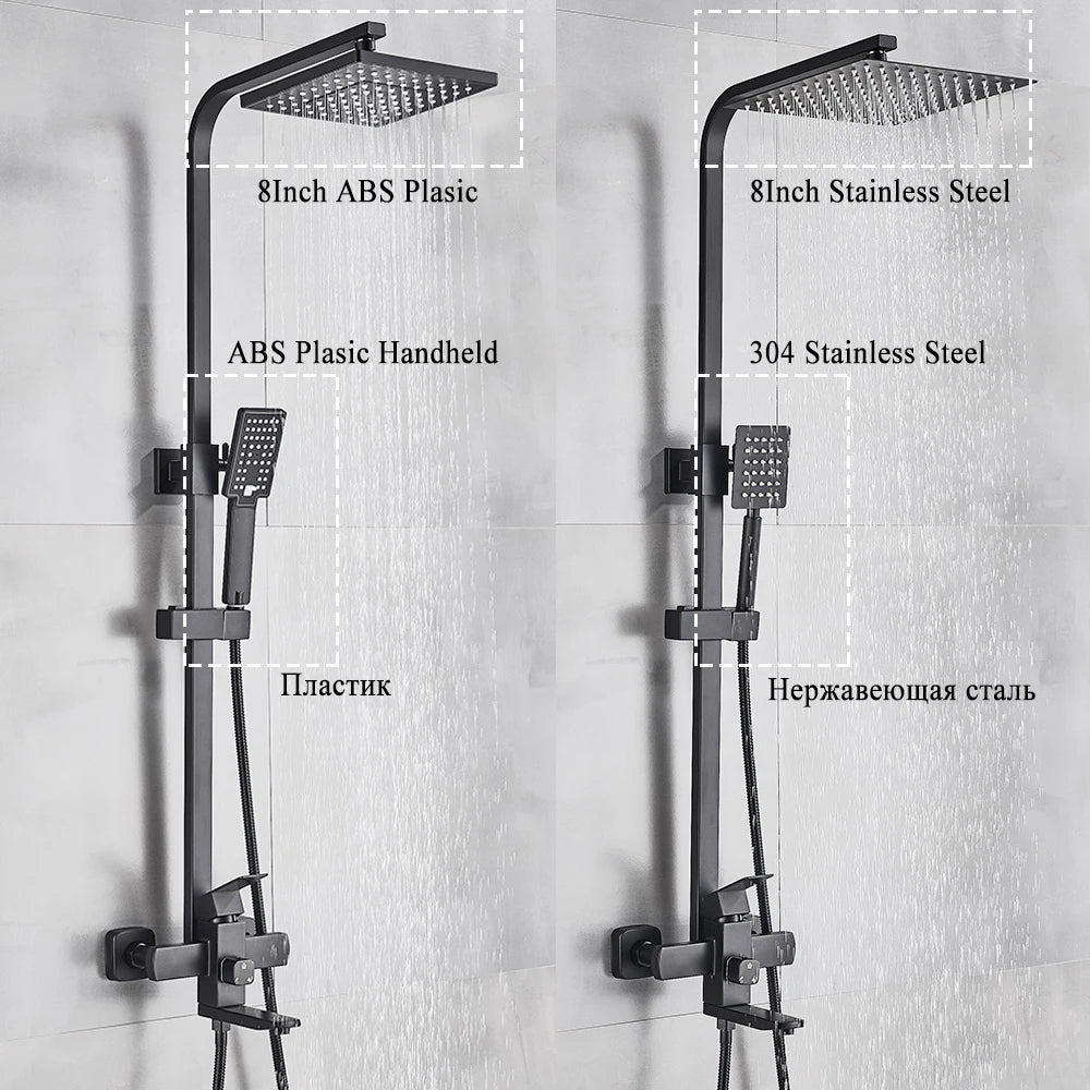 Matte Black Rainfall Shower Faucet Set 8 Inch Showerhead High Pressure Stainless Steel Bathtub Rotate Spout Bath Shower Mixer