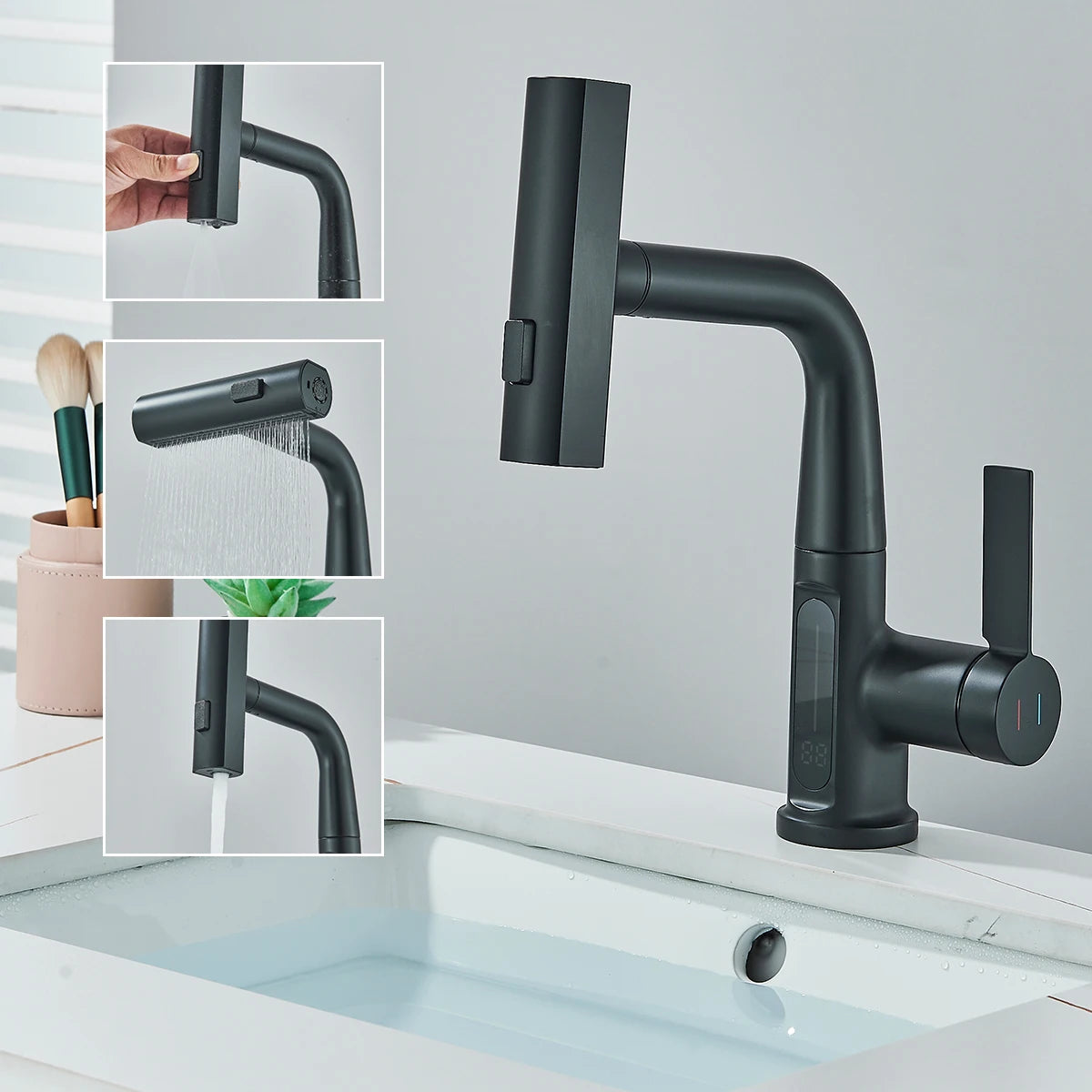 Temperature Digital Display Basin Faucet Pull Out Hot Cold Water Mixer Tap Lift Up Down Stream Sprayer Wash Crane For Bathroom