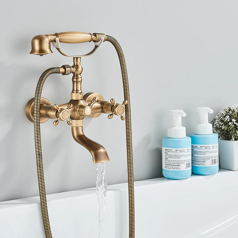 Retro Antique Brass Black Bronze Bathtub Shower Faucets Set Dual Knobs Mixer Tap Wall Mounted Bath Shower Set Swivel Tub Spout