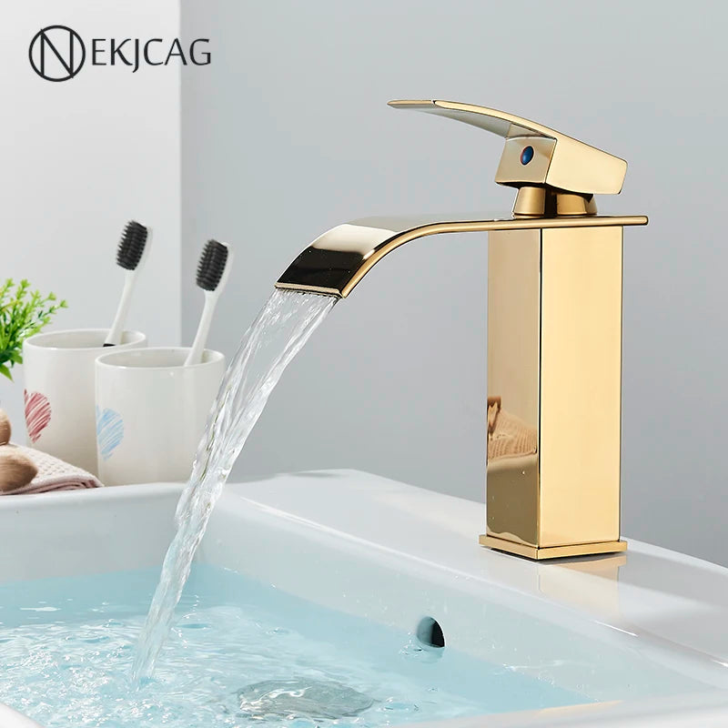 Gold Bathroom Basin Faucet Waterfall Outlet Deck Installation Sink Mixer Cold And Hot Mixing Crane Kitchen Washing Tap