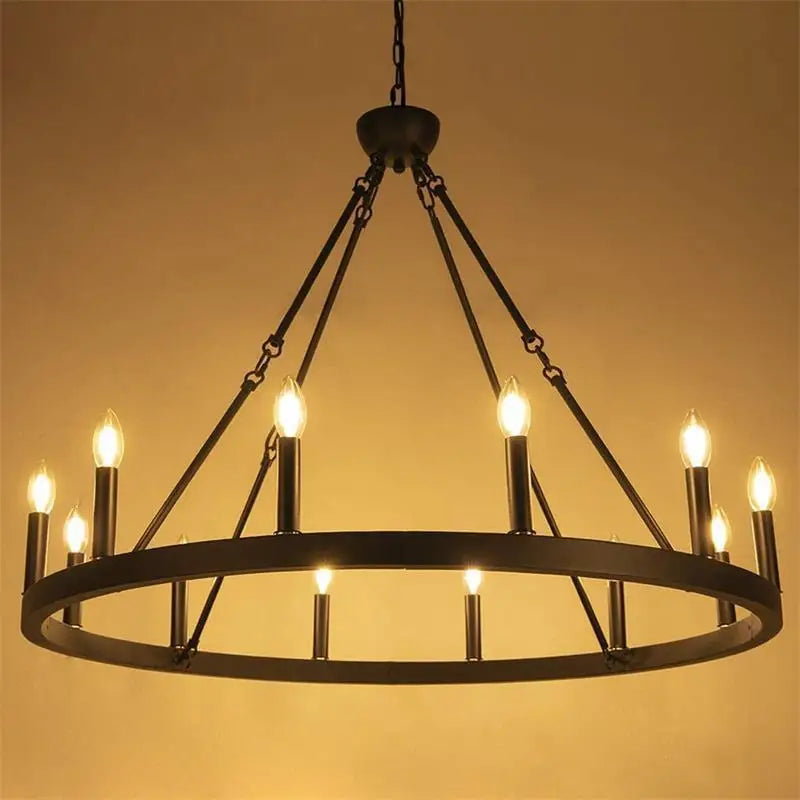 America Retro Industrial Iron Round Led Pendant Black Metallic Hanging Living Room Cafe Restaurant Decoration Suspend Chandelier