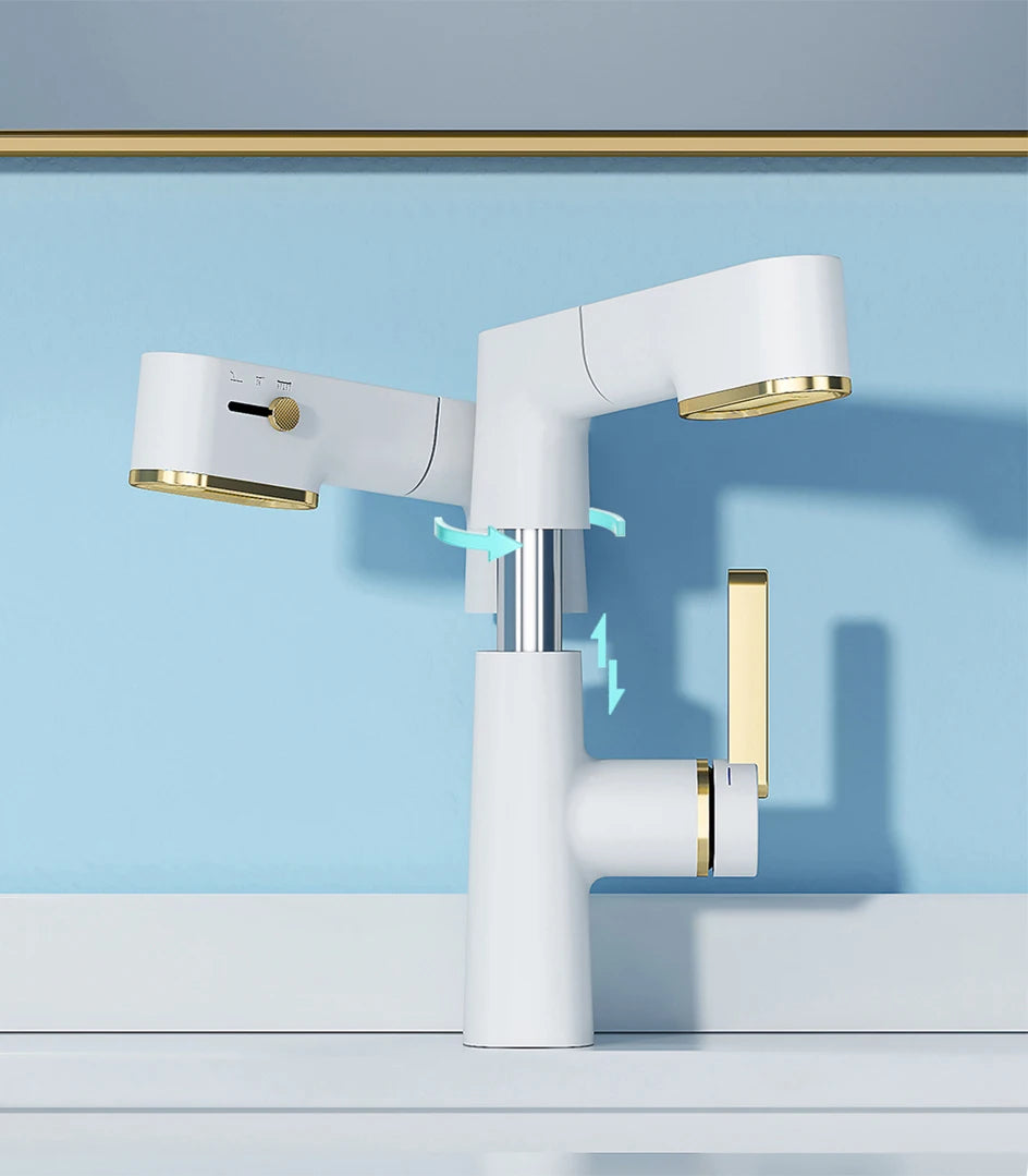 VGX Multifunctional Bathroom Faucets Pull Out Basin Mixer Sink Faucet Gourmet LED Temperature Tap 360° Tapware Crane Brass White