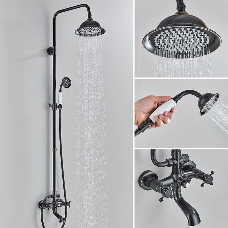 Bathroom Rainfall Shower Mixer Faucet Dual Handle Bath Shower Set Black Brass 8" Showerhead Shower Faucet System with Handshower