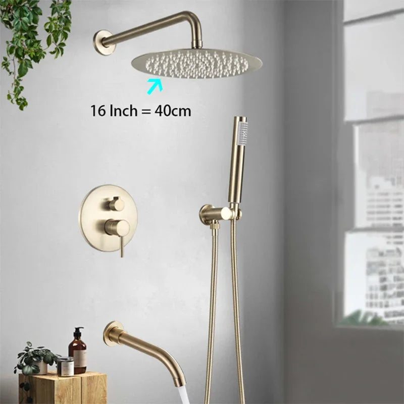 Bathroom Rainfall Shower Tap Brushed Gold Shower Faucet Set Wall Mount Round Shap Bathtub Shower With ABS Shower  Mixer Tap