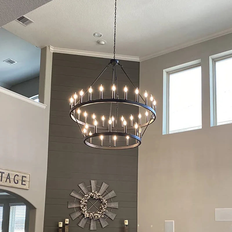 America Retro Industrial Iron Round Led Pendant Black Metallic Hanging Living Room Cafe Restaurant Decoration Suspend Chandelier