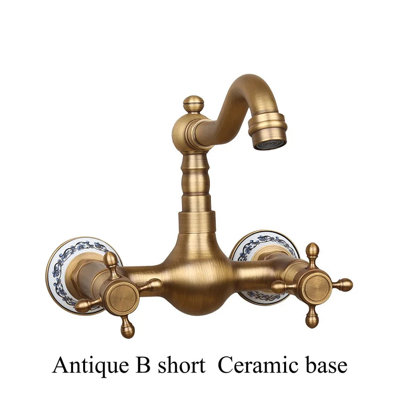 Antique brass ceramic into the wall faucet bathroom washbasin basin wall mount double handle cold and hot water faucet