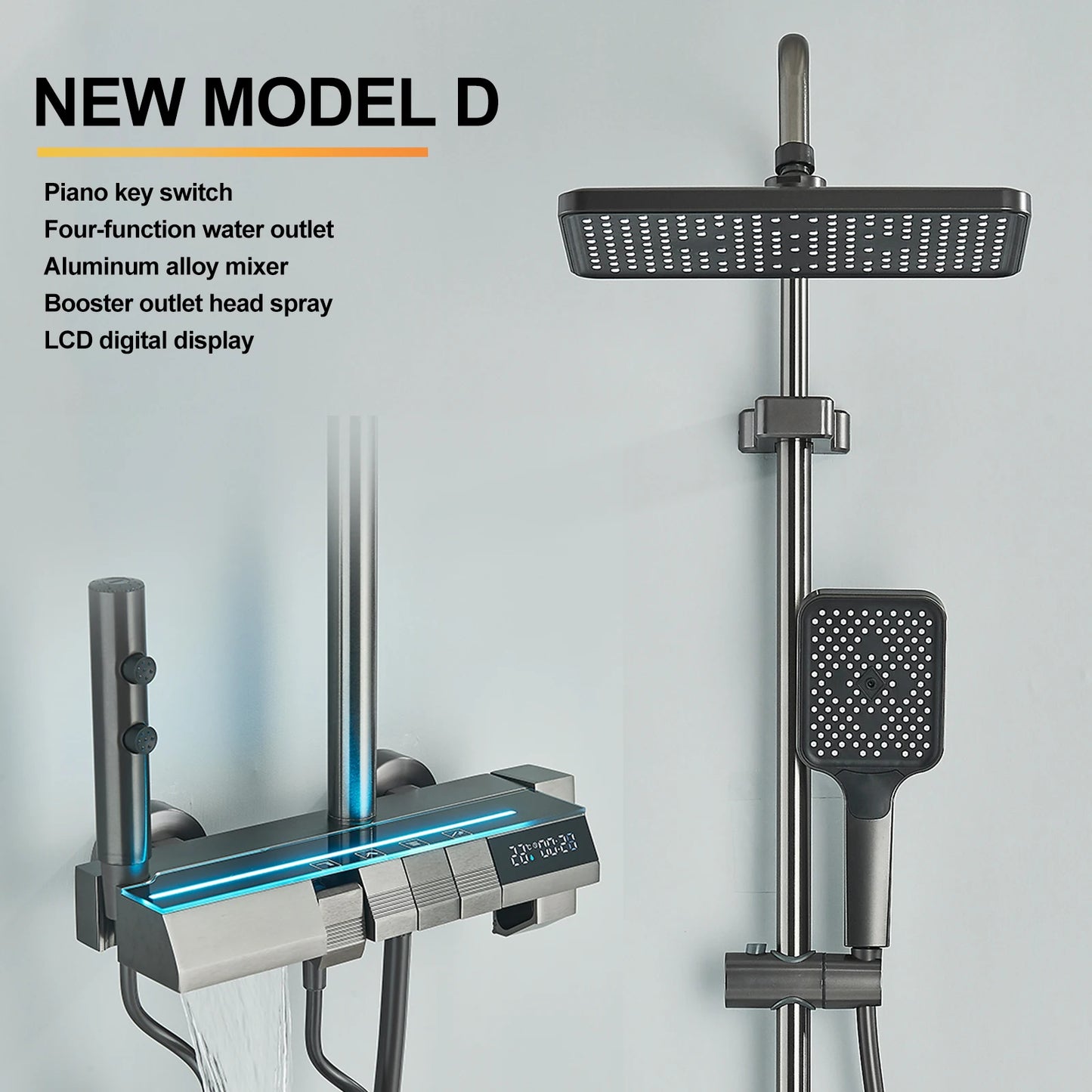 Grey Piano Digital Shower Set Intelligent Brass Bathroom Faucets Hot Cold Waterfall Tap Rainfall White Shower System Chuveiro
