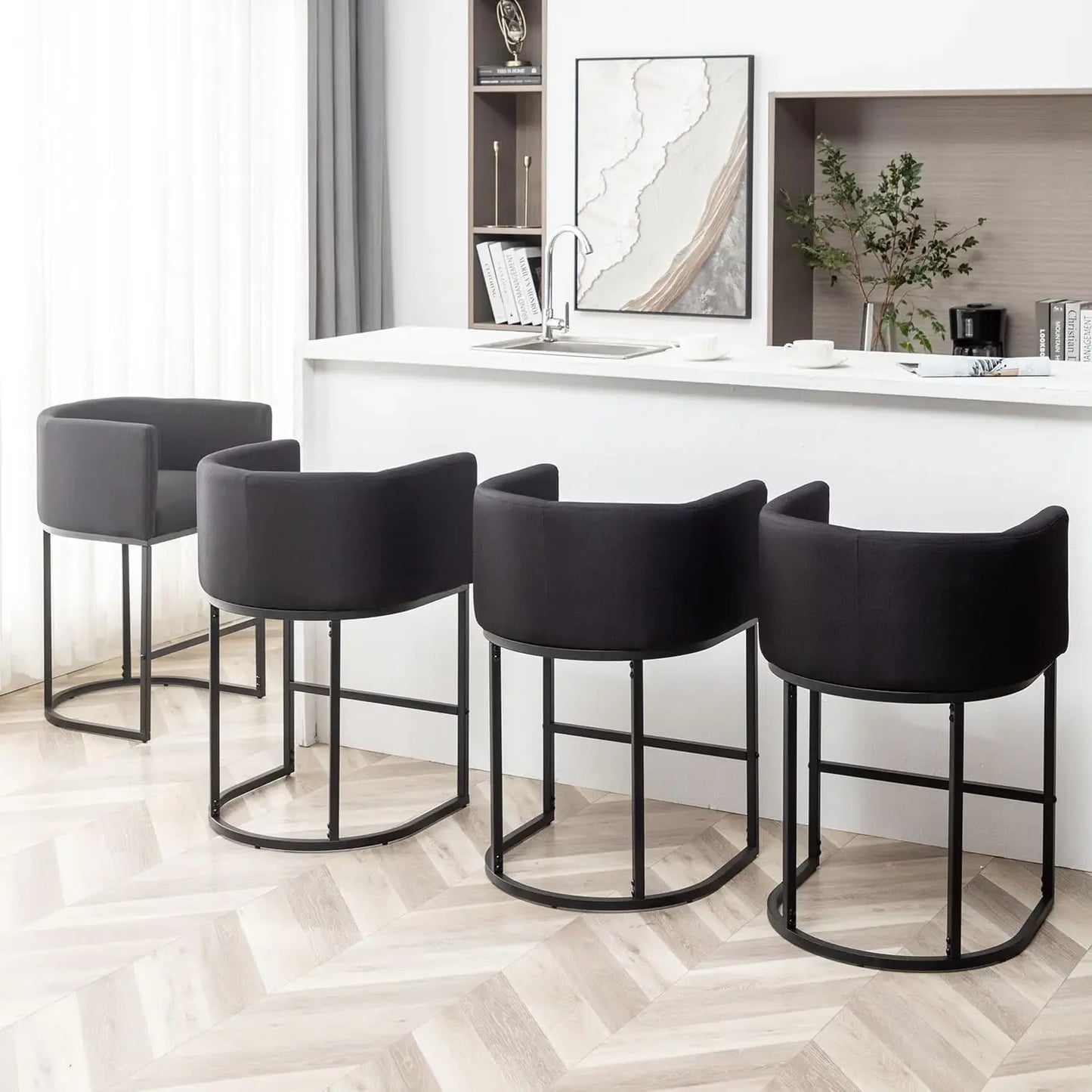 25" Counter Height Bar Stools Set of 4, Modern Bar Stool with Back, Black Metal Frames,Upholstered Bar Stools for Kitchen Island