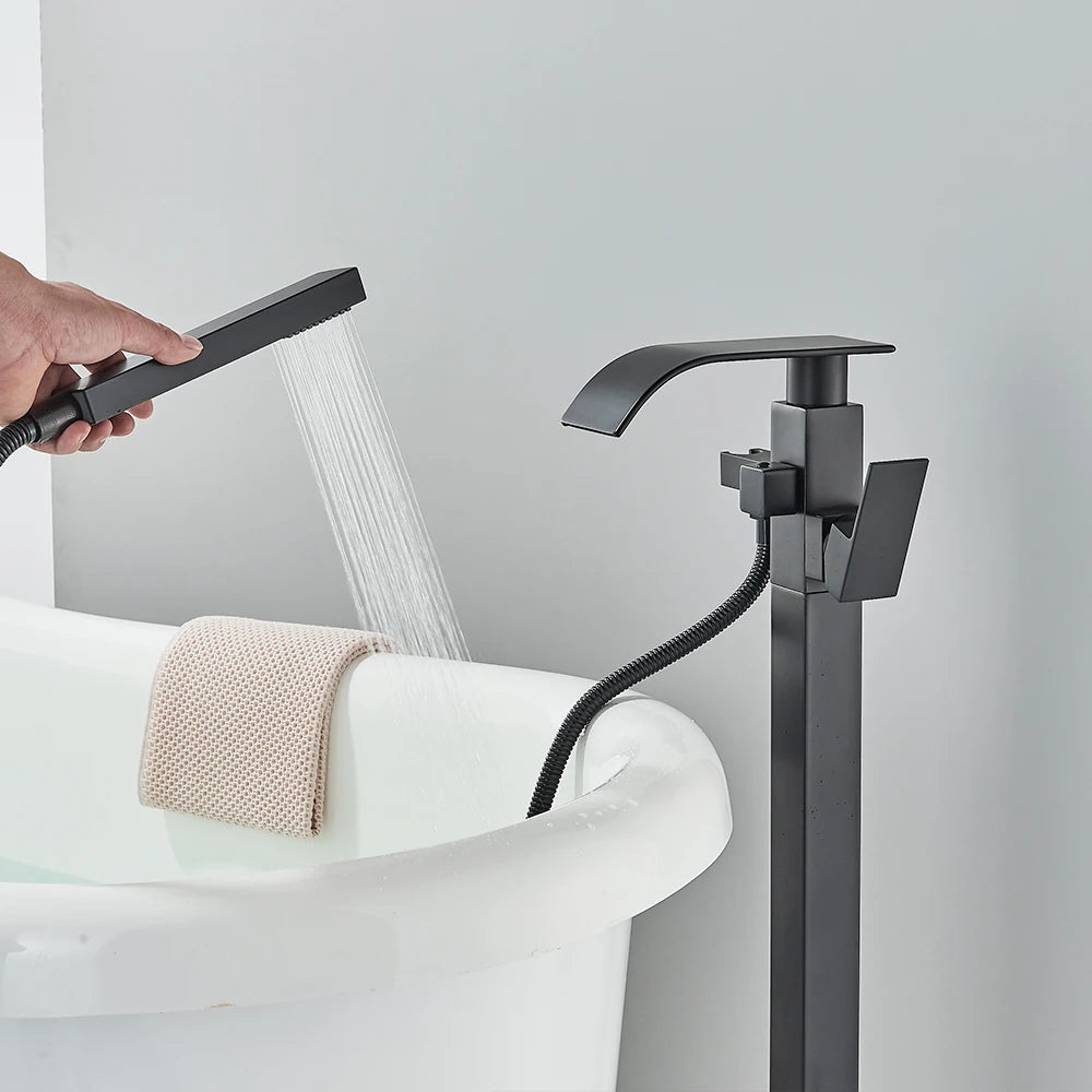 Floor Standing Faucet Bathtub Shower Floor Mounted Tub Filler Faucet Brass Bathroom Tub Faucets with Hand Shower