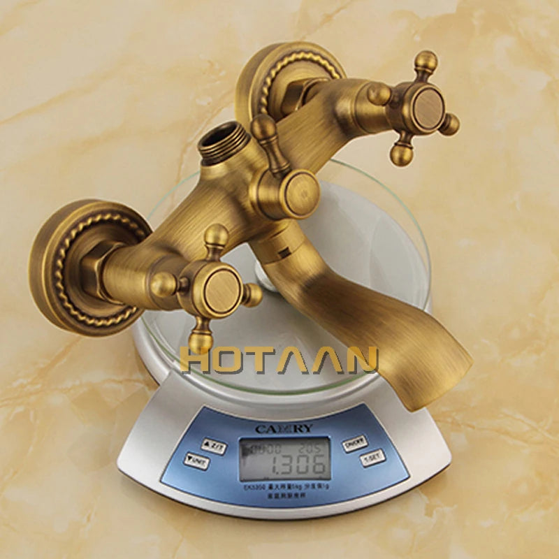 Antique Brass Wall Mounted Mixer Valve Rainfall Shower Faucet Complete Sets + 8" Brass Shower Head + Hand Shower + Hose YT-5317A