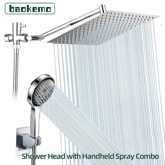 Baokemo 3-function Handheld Shower with Stainless Steel Angle Adjustable Extension Arm, 8-inch/10 Inch Square Top Sprayer Shower