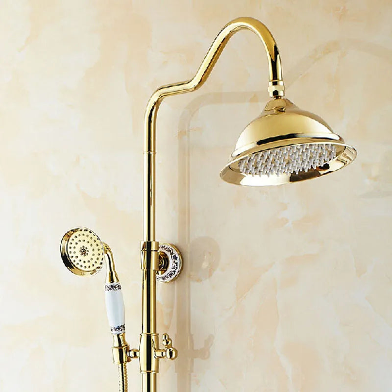 Golden and Ceramic Bathroom 8" Rainfall Shower Tub Set Wall Mounted