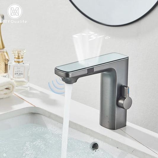 Black Gray Smart Sense Faucet Touchless Digital Display Basin Mixer Battery Power Hot Cold Mixed Water Inductive Bathroon Tap