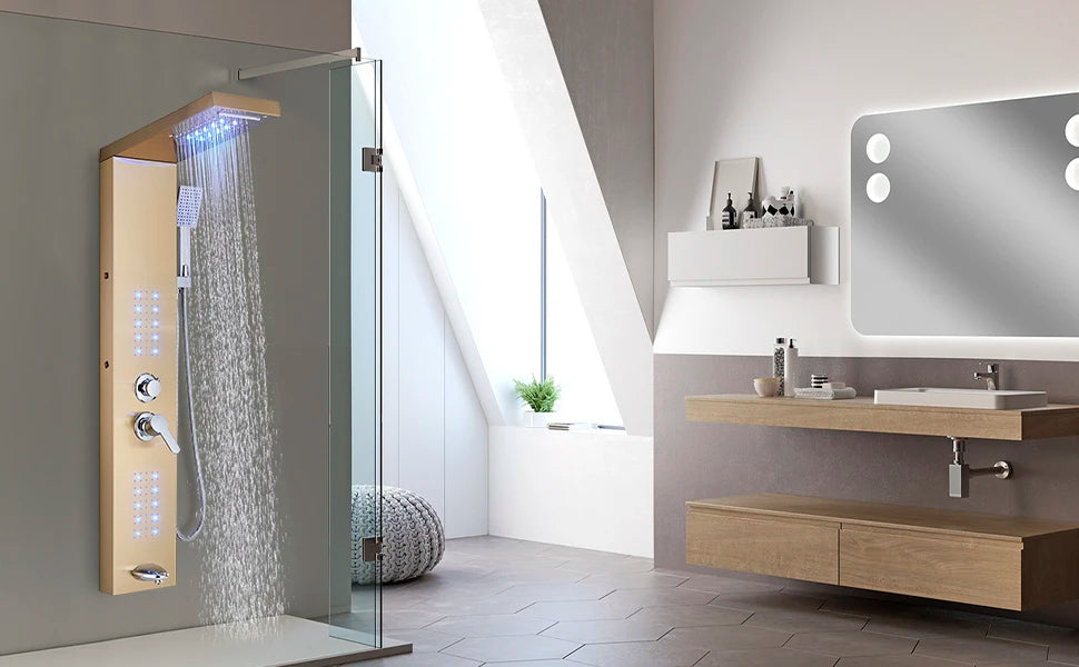 OUIO Brush LED Shower Panel Column Shower Faucet Bathtub Mixer Tap With Massage Body Spa Hand Shower Temperature Screen Set