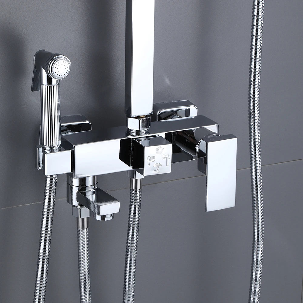 Stainless Steel Shower Faucet Set Rainfall Sliver High Quality All Metal Bathtub  Mixer Tap 4-way With Bidet
