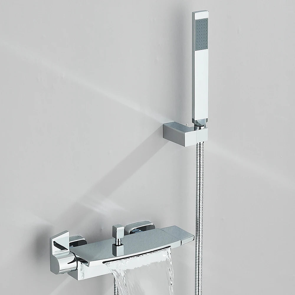 Black Waterfall Bathtub Shower Faucets Wall Mount Shower With Handheld Shower Mixer Tap Faucets Hot Cold Bath Shower Tap