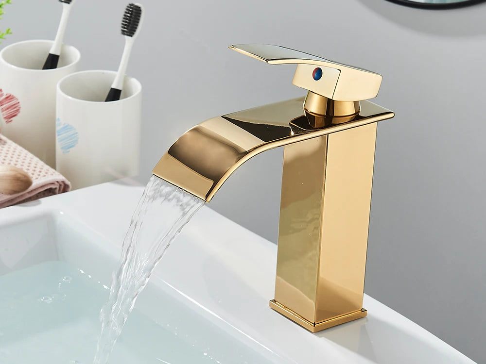 Brushed Gold Basin Sink Faucet Waterfall Outlet Vanity Hot Cold Mixer Tap Deck Mount Taps Washbasin Faucet for Bathroom