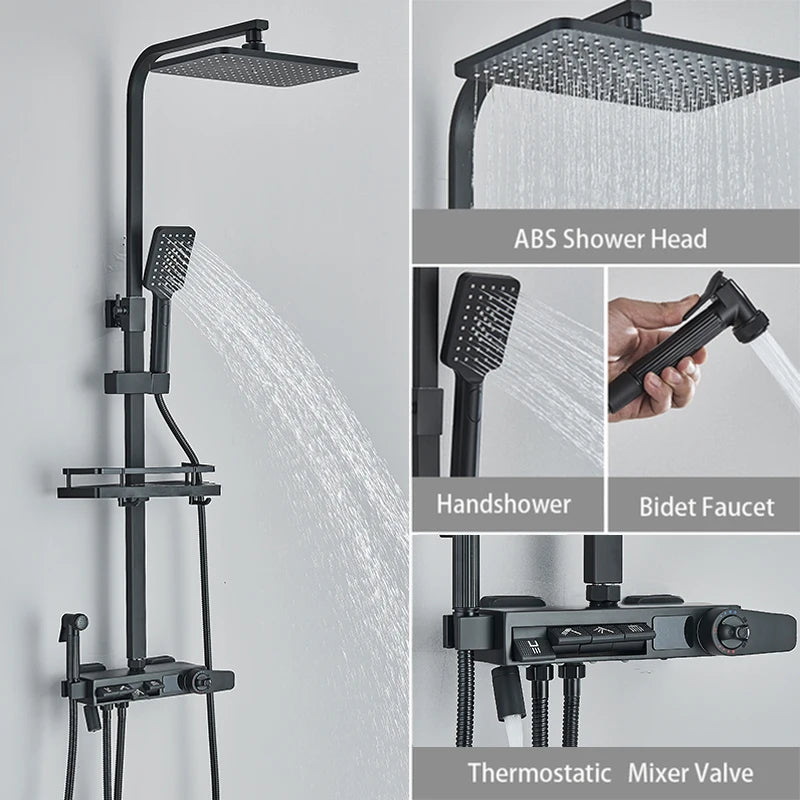 Black Thermostatic Digital Display Shower Faucet Set Rainfall Shower Column Wall Mounted Bathtub Tap With Shelf and Bidet