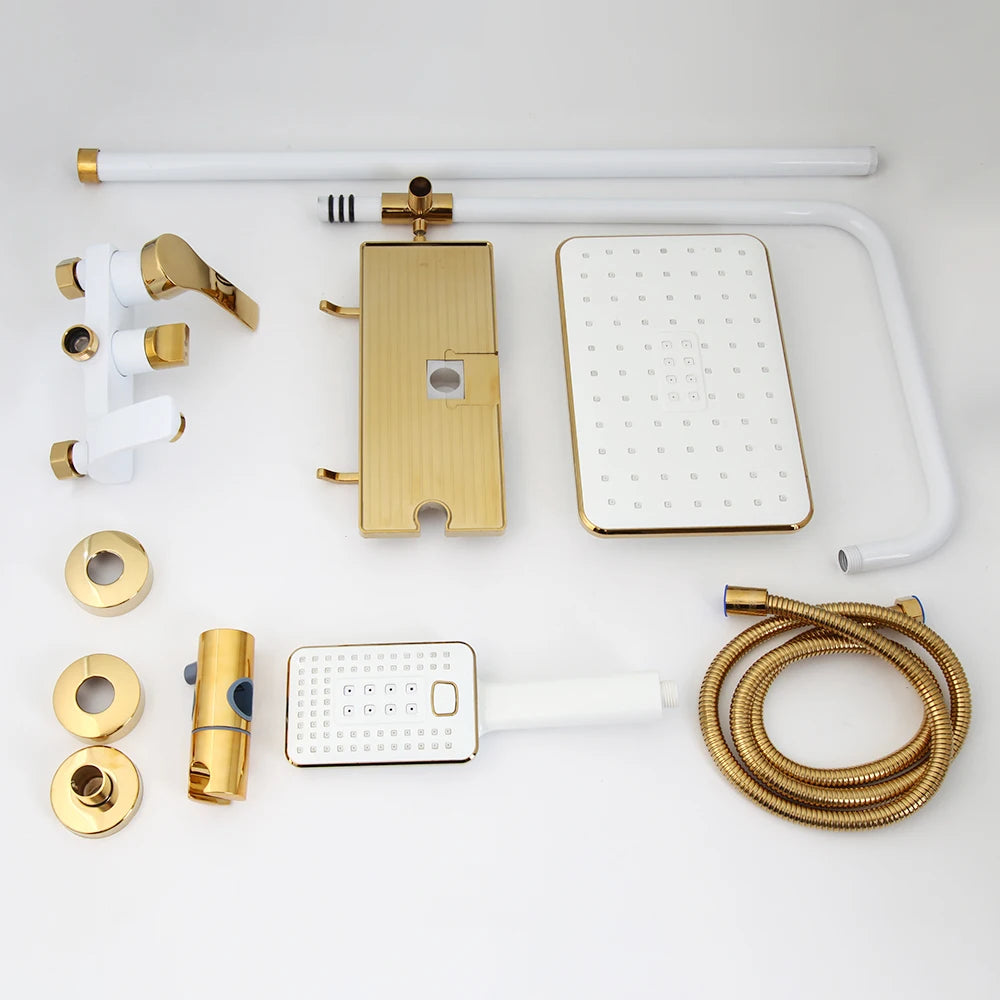 KEMAIDI Bathroom Shower Set W/ Shelf Wall Mount Shower System Hot & Cold Mixer White Gold Rainfall Bathtub Shower Faucet Set