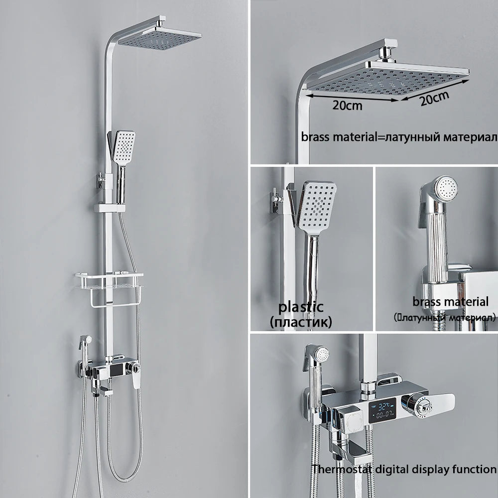 Black Smart Thermostatic Shower Faucet Set Bathroom Intelligent Rainfall Digital Mixer Tap With Rack and Bidet Bath System
