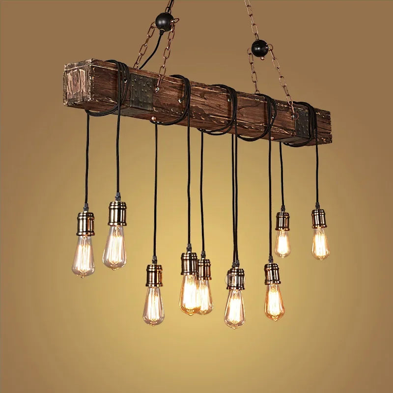 Antique Industry Vintage Wood E27 LED Ceiling Chandelier