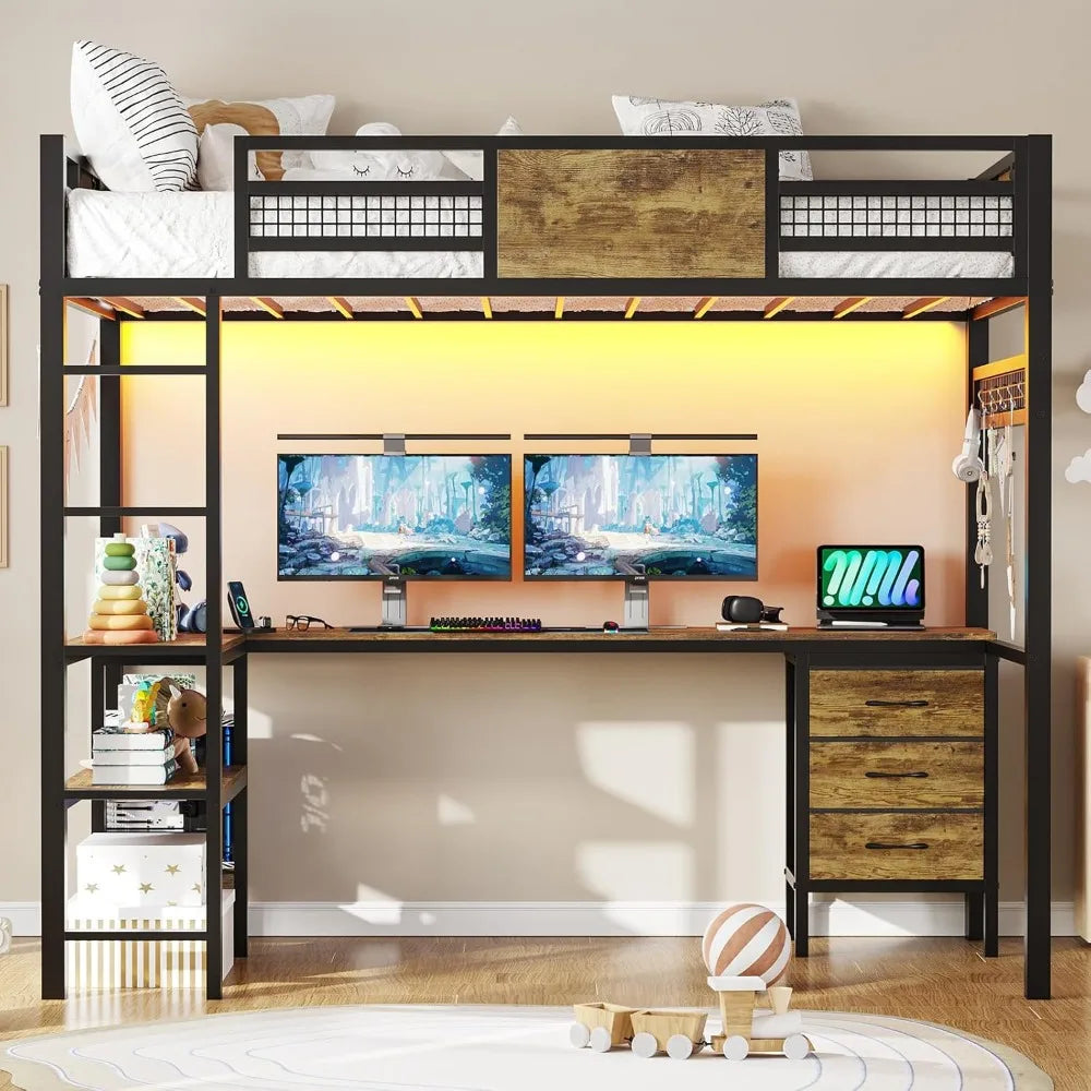 Loft Bed with L-Shaped Desk LED Lights & Charging Station