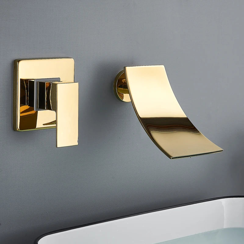 Shinesia Waterfall Bathroom Faucet Concealed Wall Mounted Bathroom Sink Mixer Tap Single Lever Wash Basin Faucets Gold/Black