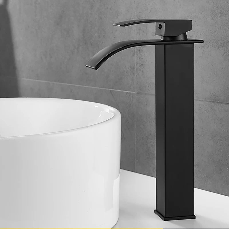 Matte Black Basin Faucet Waterfall Washbasin Vanity Above Counter Sink Faucet Hot & Cold Mixer Tap Deck Mounted Bathroom Crane
