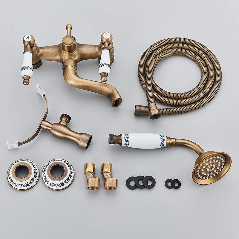 Retro Antique Brass Black Bronze Bathtub Shower Faucets Set Dual Knobs Mixer Tap Wall Mounted Bath Shower Set Swivel Tub Spout