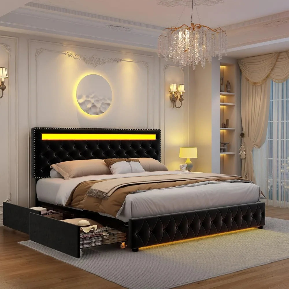 Queen Led Bed Frame with 4 Storage Drawers and Smart Control LED Lights