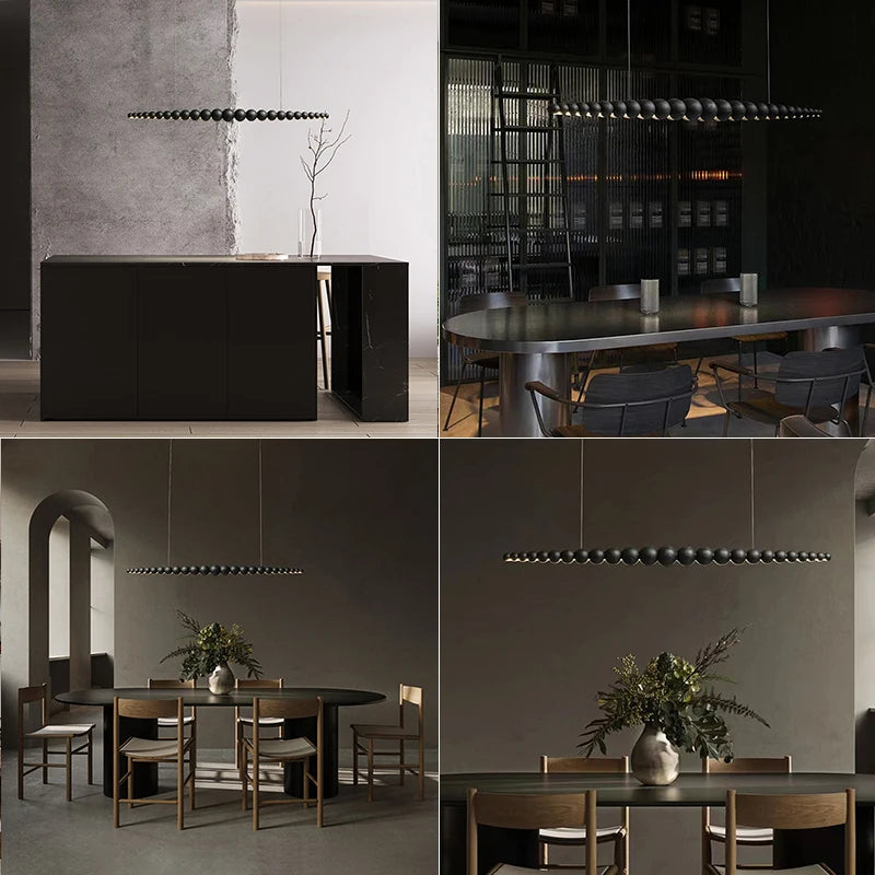 Modern Wooden Beads Long Linear LED Pendant Lights Dimmable With RC Indoor Hanging Lamp Kitchen Island Dining Living Room Office
