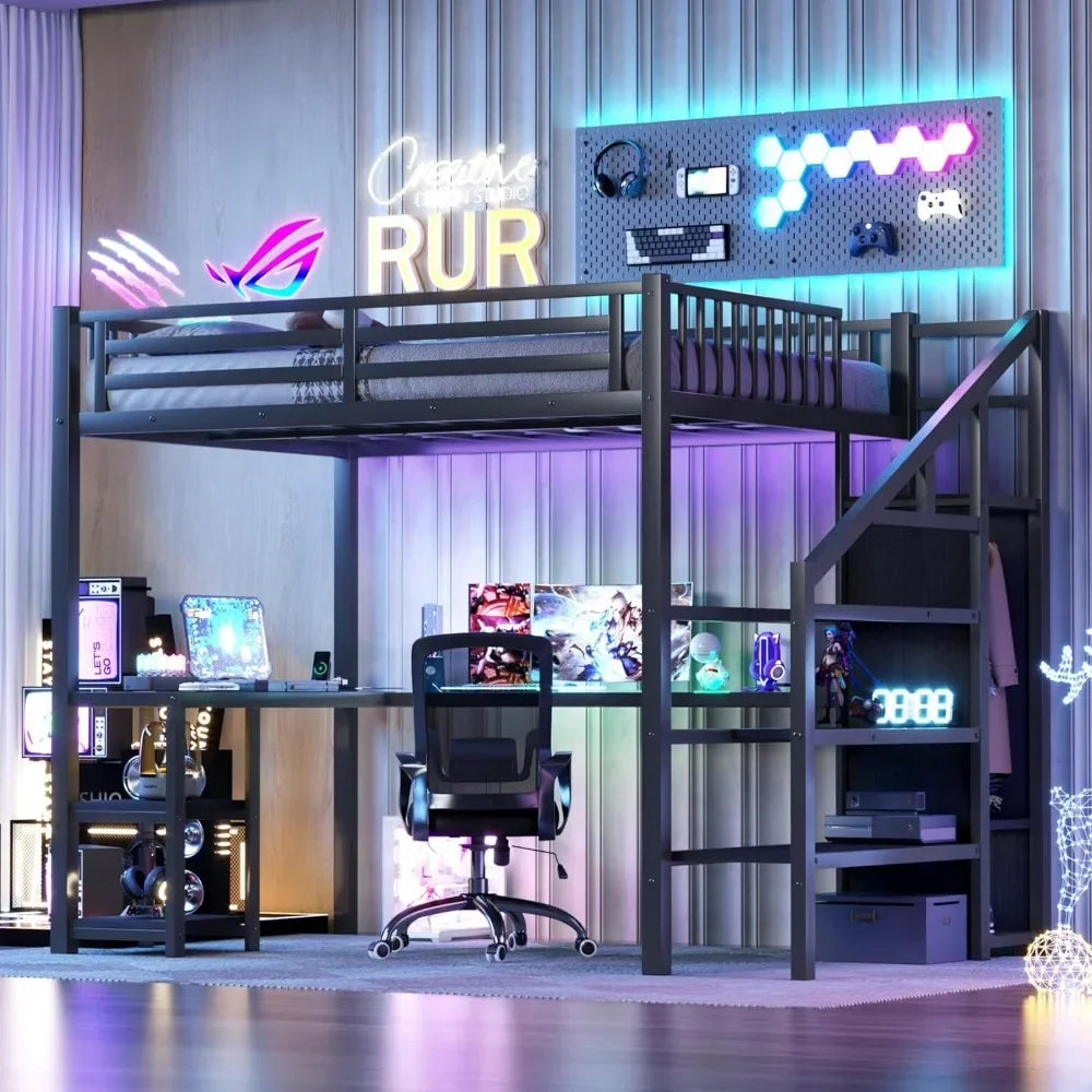 Full Size Loft Bed with Stairs and Desk Metal Loft Bed with LED Light and Charging Station