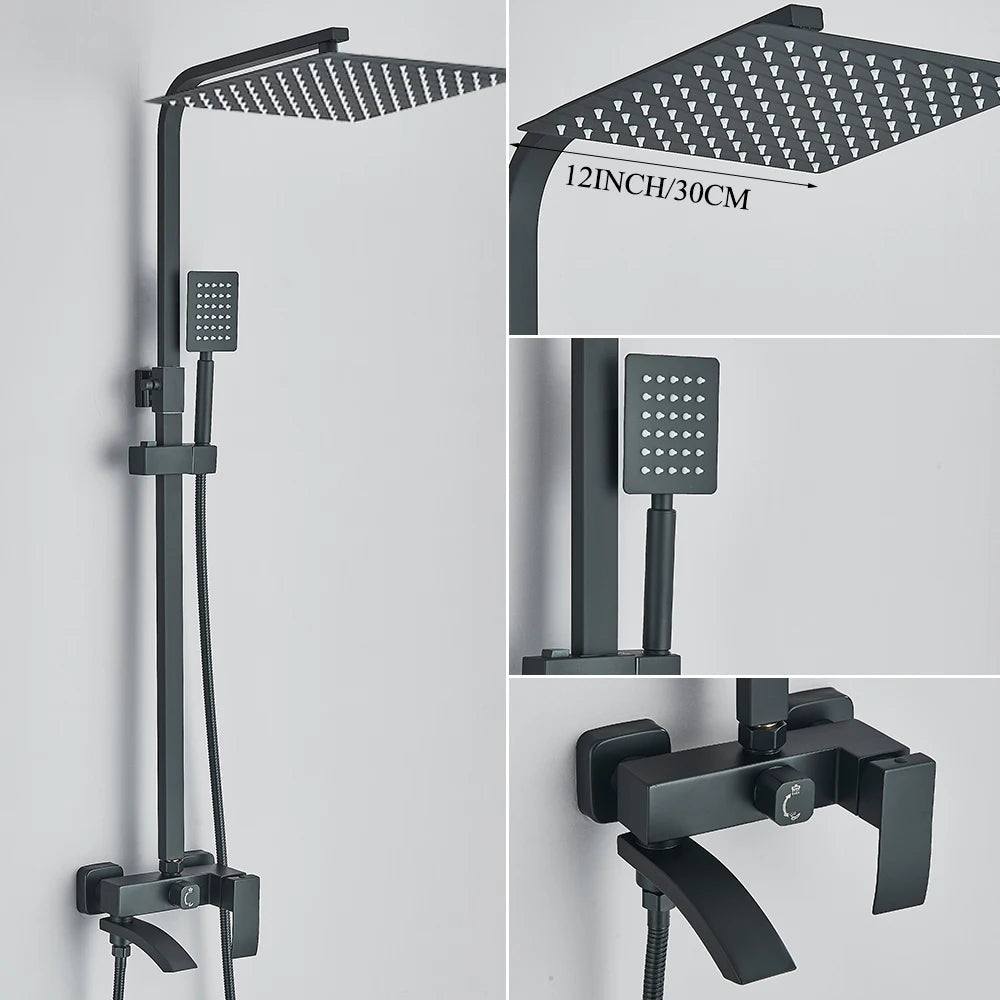 Matte Black Rainfall Shower Faucet Set 8/10/12 Inch Showerhead High Pressure Stainless Steel Rotate Spout Bath Shower Mixer