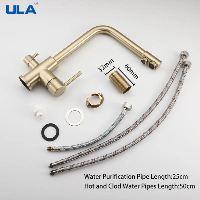ULA Filtered Kitchen Faucet Gold Purifier Faucet Dual Sprayer Drinking Water Mixer Tap Nozzle Brass Kitchen Sink Mixer Torneira