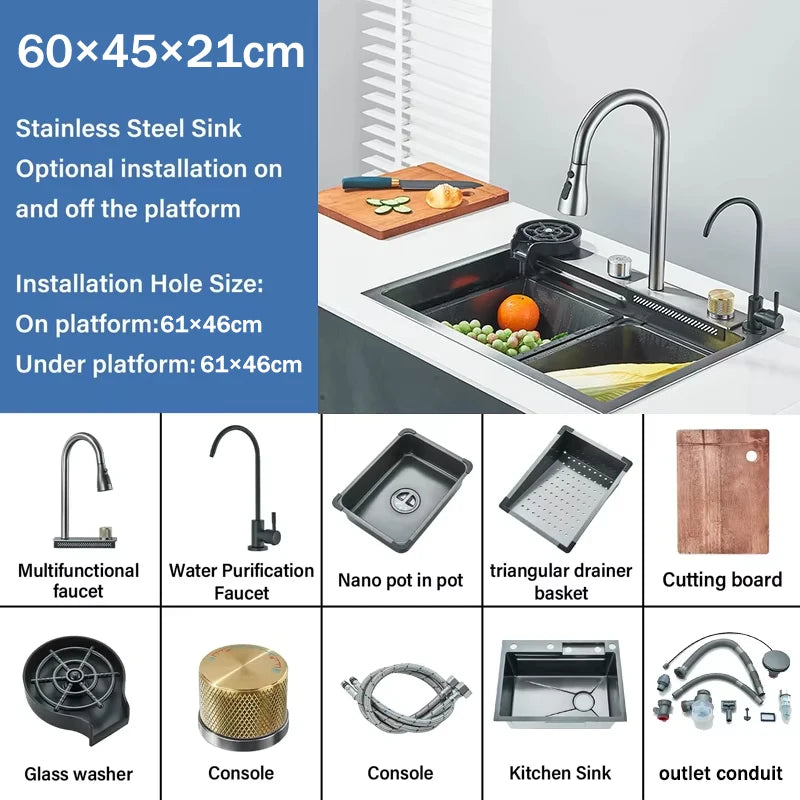 304 Stainless Steel Waterfall Kitchen Sink Sink Large Single basin With Large Single Slot Sink Above Counter With Cup Disher