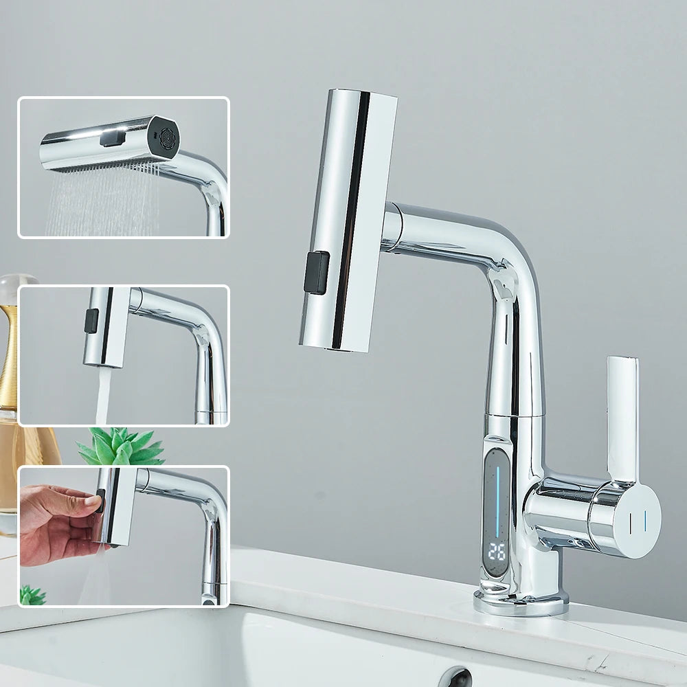 Waterfall Temperature Digital Display Basin Faucet Lift Up Down Stream Sprayer Hot Cold Water Sink Mixer Wash Tap For Bathroom