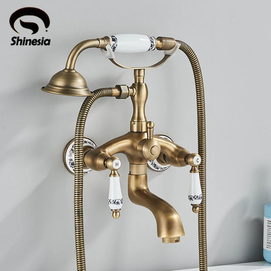 Shinesia Antique Brass Bathtub Shower Faucets Set Wall Mounted Bathroom Faucet With Shower Golden Bath Mixer