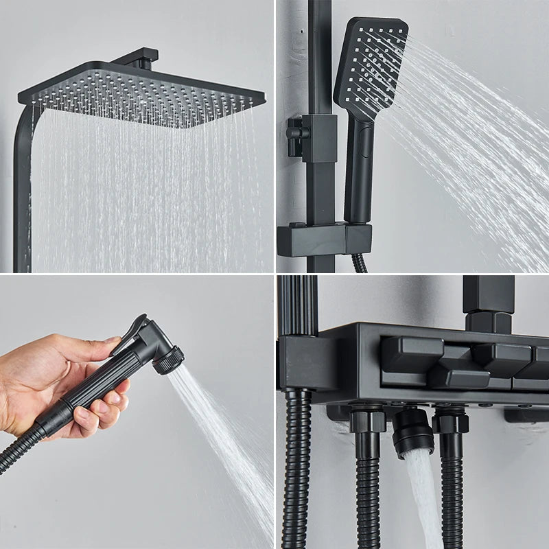 Black Thermostatic Digital Display Shower Faucet Set Rainfall Shower Column Wall Mounted Bathtub Tap With Shelf and Bidet
