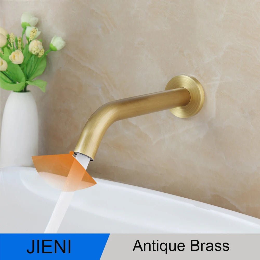 JIENI Black Chrome Lavatory Bathroom Faucet Wall Mount Sensor Faucet Automatic Free Touch Sensor Bathroom Sink Mixer Tap Faucet