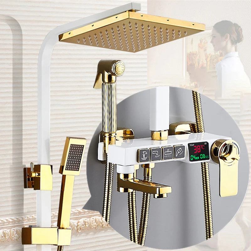 Gold Digital Shower Set Quality Brass Hot Cold Bathroom Shower Faucets Tap Rain Shower Head Golden Thermostatic Shower System