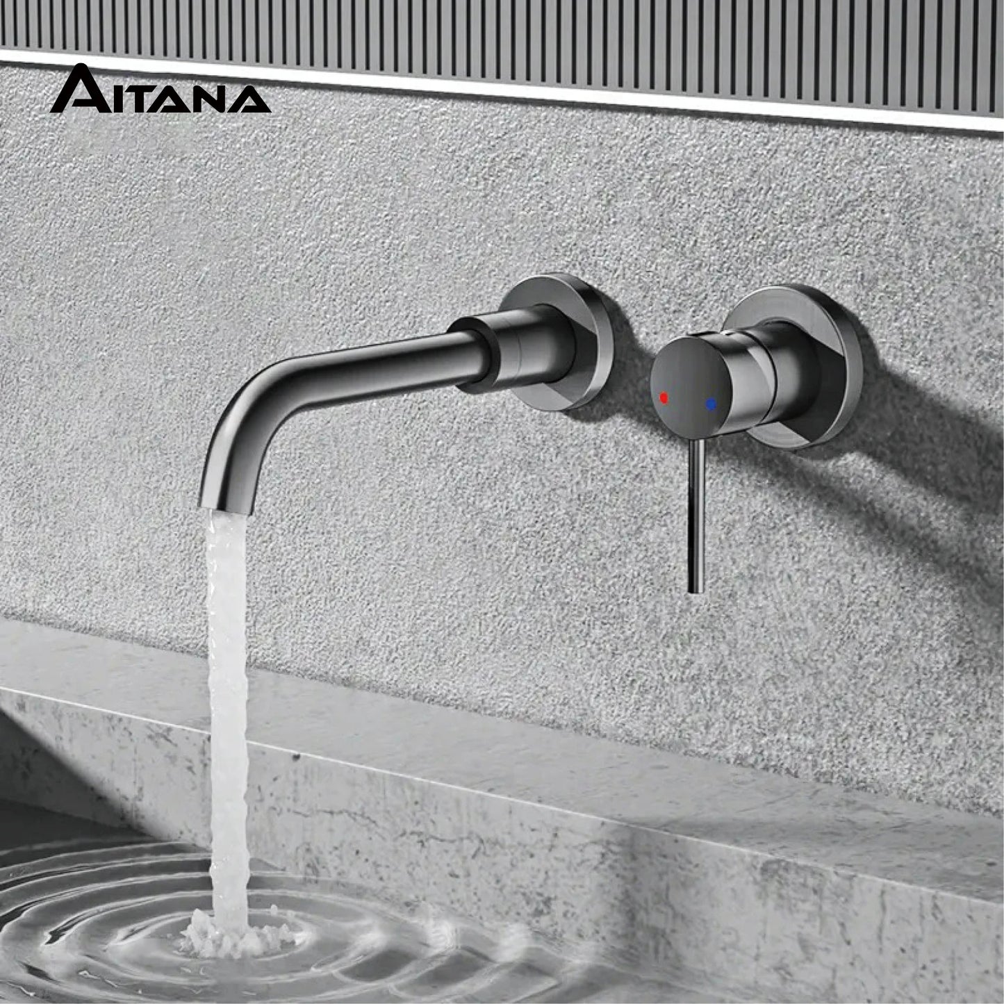 AITANA Simple Brass Black Bathroom Faucet Embedded Design Single Handle Hot and Cold Water Dual Hole Wall Mounted Basin Mixer